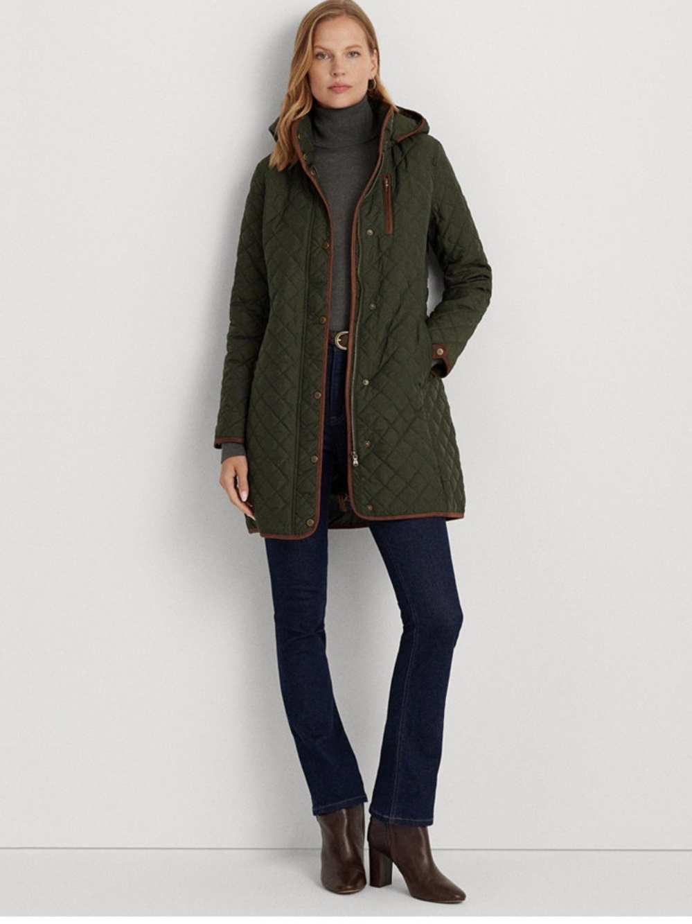 Ralph Lauren Olive Quilted Hooded Puffer Coat with Brown Trim Size Large NWT